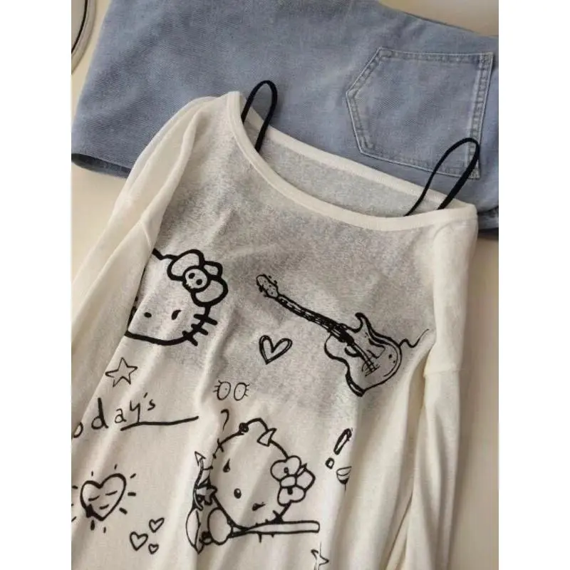 Áo Thun Hello Kitty, Phong Cách Hàn Quốc, Thiết Kế Hoạt Hình Dễ Thương, Cổ Tròn, Tay Áo Dài, Áo Len Nữ, Mỏng Và Rộng Rãi, Áo Cánh Chống Nắng, Bán Chạy Tại Cửa Hàng