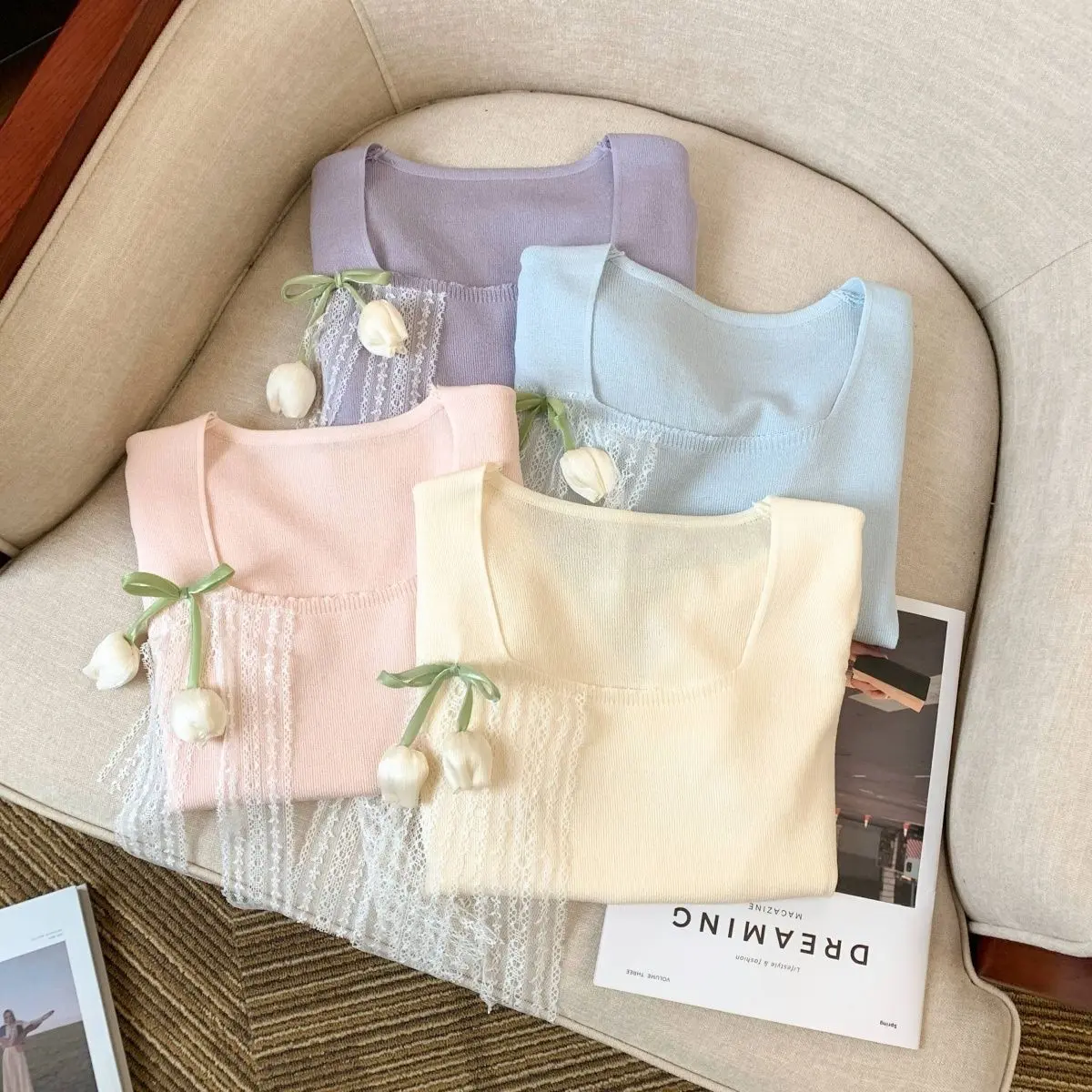 Elegant Short Square Neck Short Sleeve Knit Top for Women, Summer New Slim Fit Slimming Three-Dimensional Floral Design Top