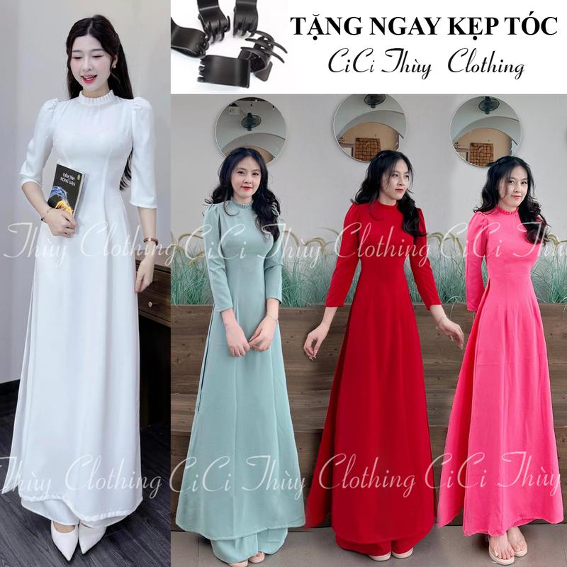 Áo Dài Lụa Mỹ áo 2 tà,cổ xếp ly cách điệu dáng truyền thống  tay lỡ nhiều màu Nữ  Women Dress áo dài cách tân size l đóng nút