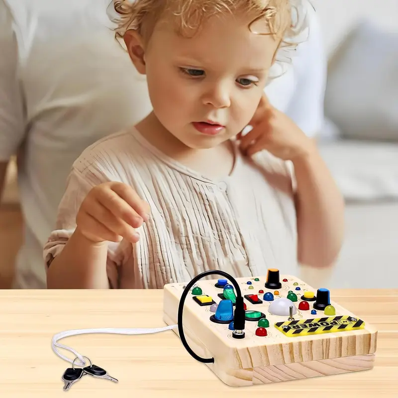 GSrenyu Busy Board for Toddlers, Sensory Board Toys Fidget Board with 23 LED Lights, Early Educational Learning Travel Toy Activity Board Wooden Toys for Boys Girls 2 3 4 Year Olds 4