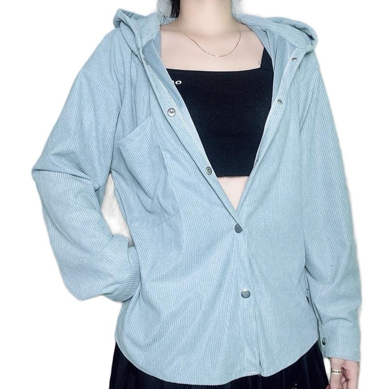  Áo Khoác Sơ Mi Nón Trùm Đầu 2 Lớp Nhung Gân 