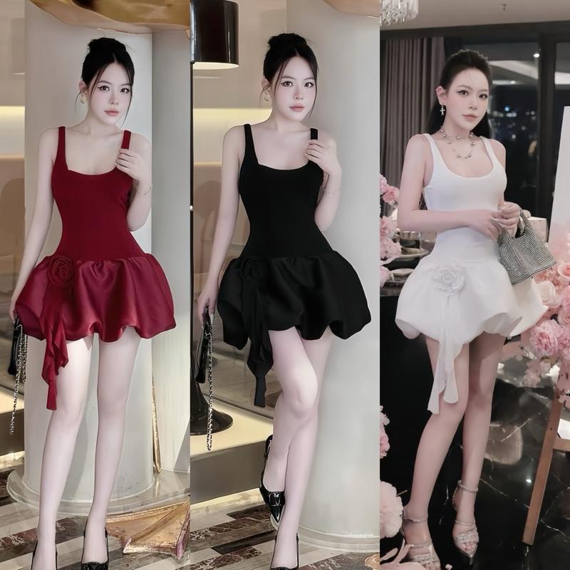 Váy body BA LỖ đuôi xoè đính VẠT HOA bánh bèo chất nhũ kim cương tùng bí tafta sang trọng dự tiệc Dress Women vaytet Xmas Tết đầm xòe Đen đỏ ngắn