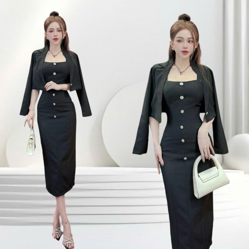  Set đầm vest thiết kế CRAZYTEEN S5548 dành cho nữ gồm đầm hai dây dáng suông và áo khoác vest tay dài form croptop để đi chơi   Đầm dáng suông  Áo vest tay dài   