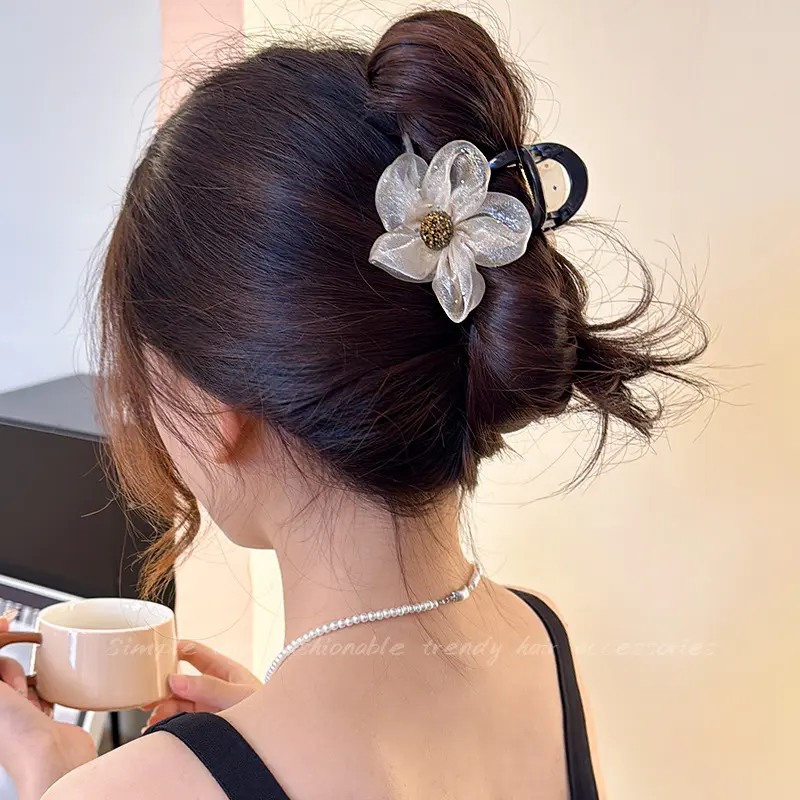 Kẹp Tóc Lưới Kim Cương Giả Hoa, Kẹp Cá Mập, Kẹp Tóc Buộc Nửa Đầu Cho Nữ, cài tóc Women
