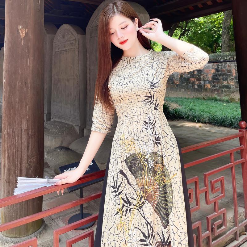Áo dài lụa nhật in 6D - MÃ LV66 Nữ Women Dress Nhung Sen Kem Voi 3