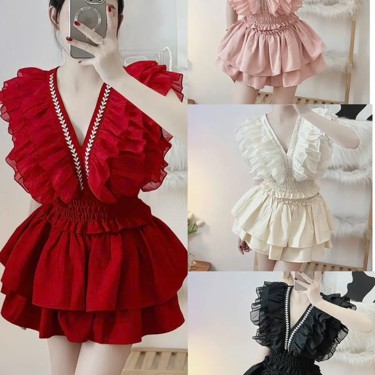 Set bèo viền chân váy có bảo hộ- 2 loại tay ngắn và tay dài eo co dãn <80