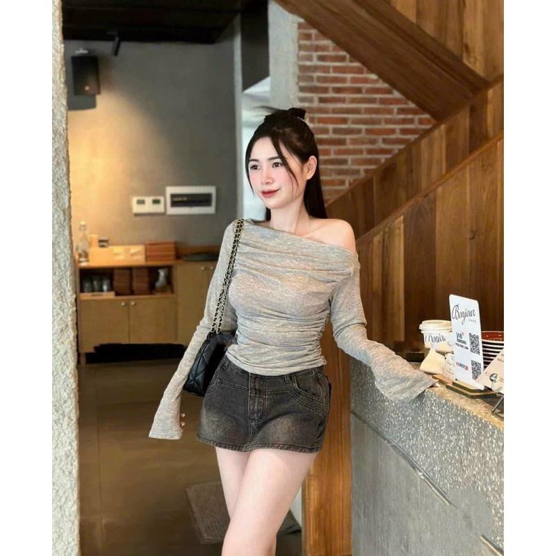 Áo Len Giấy Mỏng Dài Tay Lệch Vai Dúm Eo M60 Áo Lệch Vai Hottrend Top Thun 2