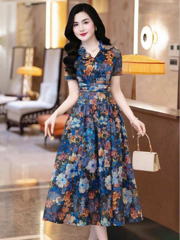 [MIỄN SHIP] MDU4791 Váy Tơ Óng Hoa Đa Sắc – Trẻ Trung Thanh Thoát Với Dáng Xòe Cổ V Dành Cho Nữ