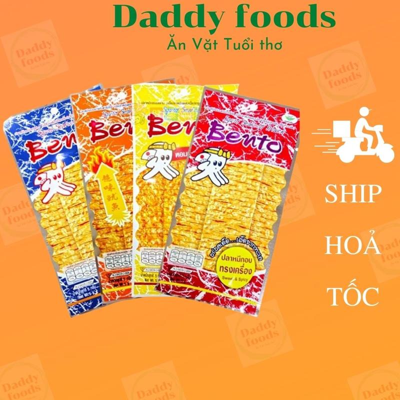 1 dây 13 gói Snack MỰC BENTO đủ 4 màu đỏ, vàng, cam, xanh