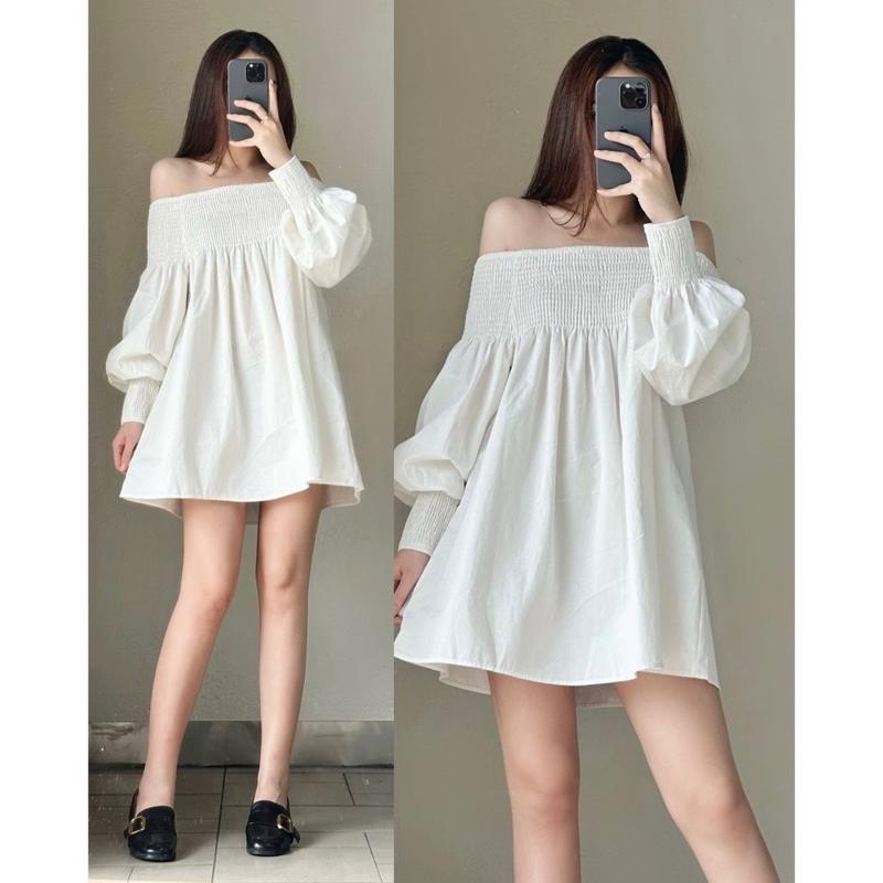Đầm trễ vai nữ tay dài from rộng thiết kế bo chun tay dài 1