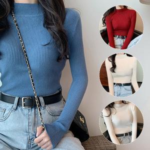 Sweater Wanita, Lengan Panjang, Leher Pertengahan, Sesuai, Turtleneck Separuh, Pullover, Pakaian Rajut Berkait, Stok Sedia Knitwear Tops