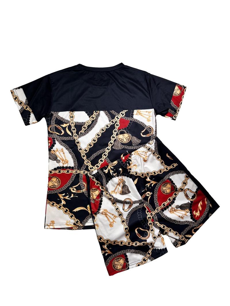 Product Introduction of Women's Patchwork Chain Print Two-Piece Set, Fashion Short Sleeve T-Shirt & Pocket Shorts, Ladies Outfits for All Seasons, Womenswear, Shortsleeve 8