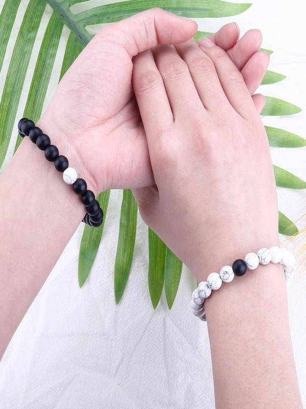 2pcs/set Unisex Simple Style Beaded Bracelet with Turquoise Texture Design, Casual Trendy Beaded Bracelet, Fashionable Jewelry for Women & Men, Couples Gifts 3