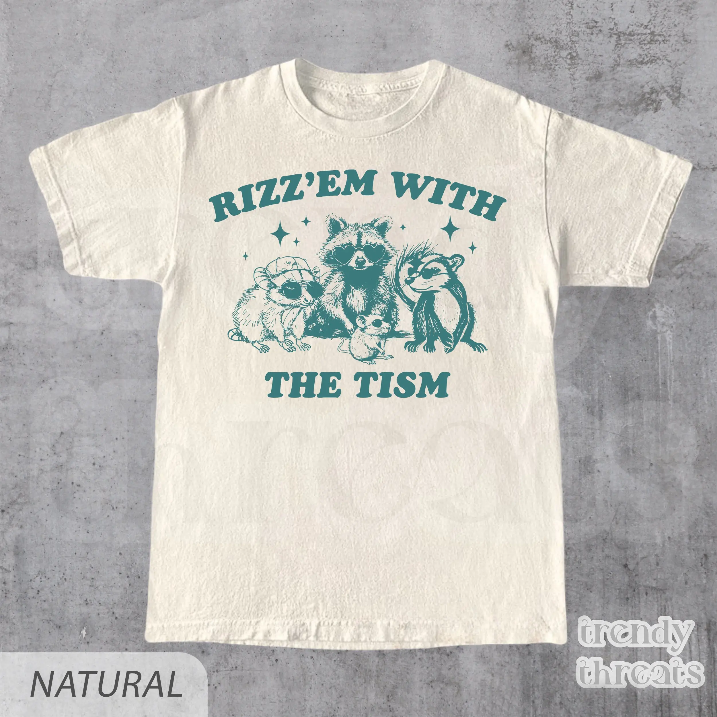 Rizz Em With The Tism Vintage Shirt • Retro 90s Funny Raccoon Graphic Shirt • Autism Awareness • Raccoon Meme Tee • Funny Gift For Her & Him