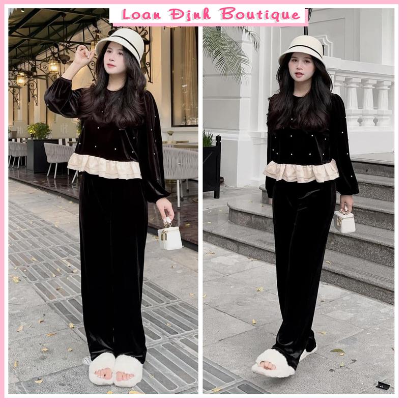 Bộ Nhung Nữ Đính Đá Phối Tơ Quần Ống Rộng Dài Tay Đen Đồ Bộ Nữ Sang Chảnh Thu Đông Loan Định Boutique LD136 Áo Ong Thun Women Top