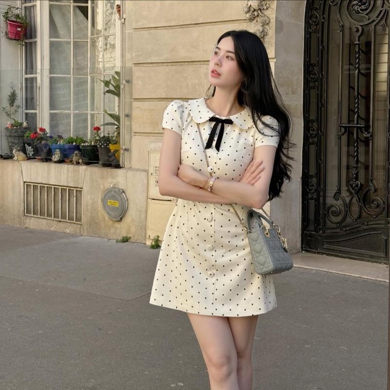   40-80kg  Đầm Váy Chấm Bi Cổ Sen Nơ Đen Tay Con Phối Nút Bọc Form Xòe Trẻ Trung  Có BigSize  UnihomeClothing CQ313 
