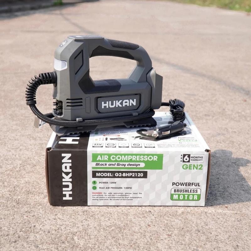 Máy bơm hơi ô tô xe máy HUKAN G2-BHP2120, Dùng chân pin phổ thông Hoặc nguồn điện xe hơi, Gọn nhẹ