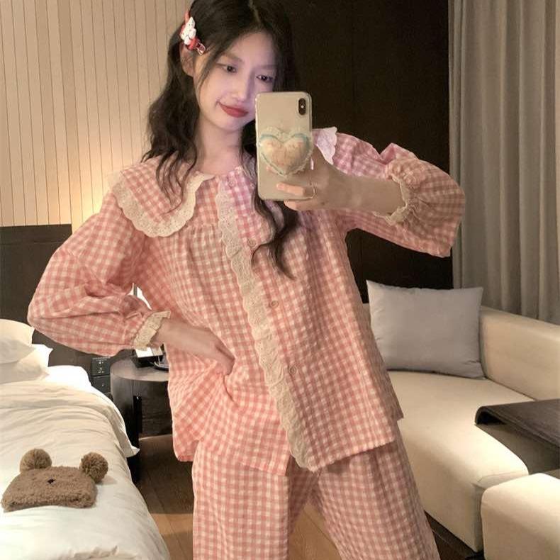 Bộ Đồ Ngủ Kẻ Caro Hồng 2 Màu Xanh Hồng Xinh Xắn Áo Tay Dài Quần Dài Nhà Pink