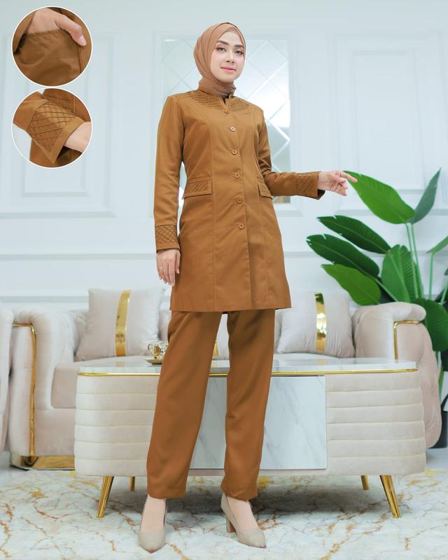 Seragam Kerja Tunik Stik Kotak Blazer Khaki Tua Setelan Rok Span/Rok.A/Celana Panjang/Atasan Saja Katun Free Hijab Putih Wanita 3