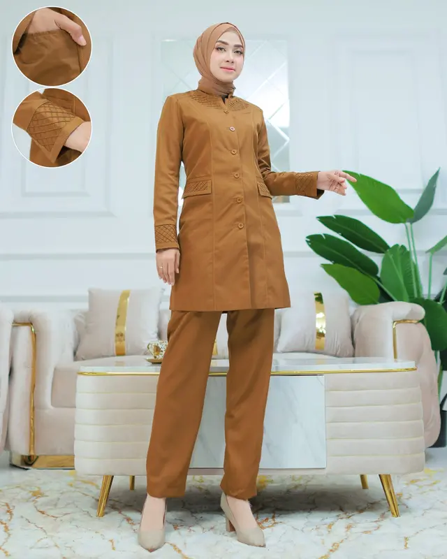 Seragam Kerja Tunik Stik Kotak Blazer Khaki Tua Setelan Rok Span/Rok.A/Celana Panjang/Atasan Saja Katun Free Hijab Putih Wanita 3