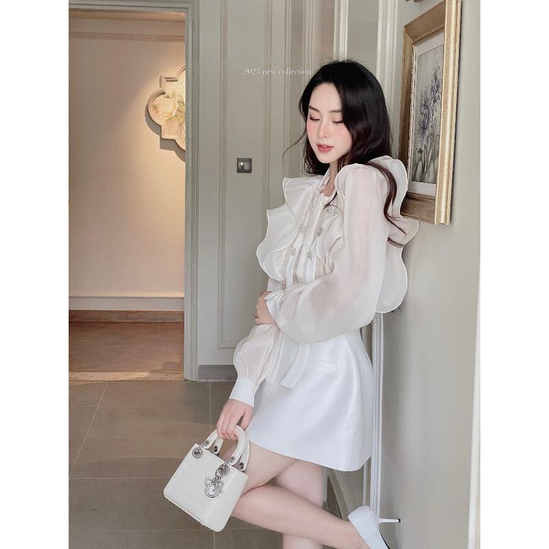 (Có BigSize) Set Áo Tay Dài Bèo Cổ Dây Kết Đá Và Chân Váy Chữ A 2 Túi Mổ A2CV013 2