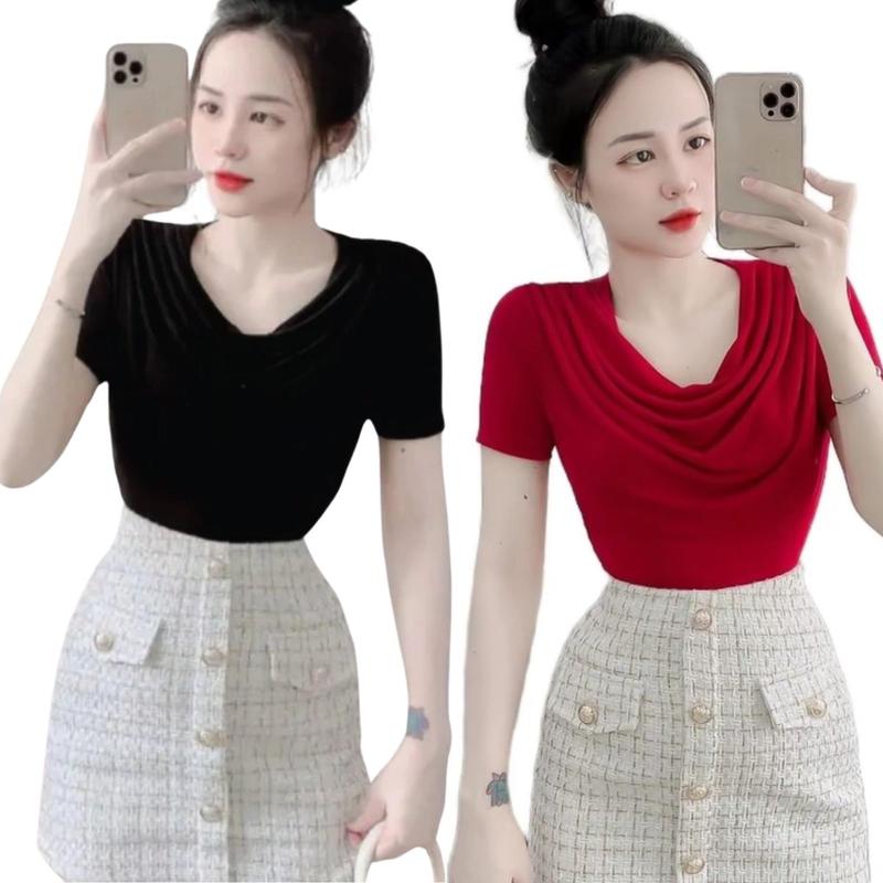 Áo Thun Nữ  Nhũ Bigsize Áo Tay Ngắn Cổ Đổ  ESHOP Áo Kiểu Áo Nhũ Kim Tuyến Nữ Ngắn Tay Ôm Body MS164 Top Women