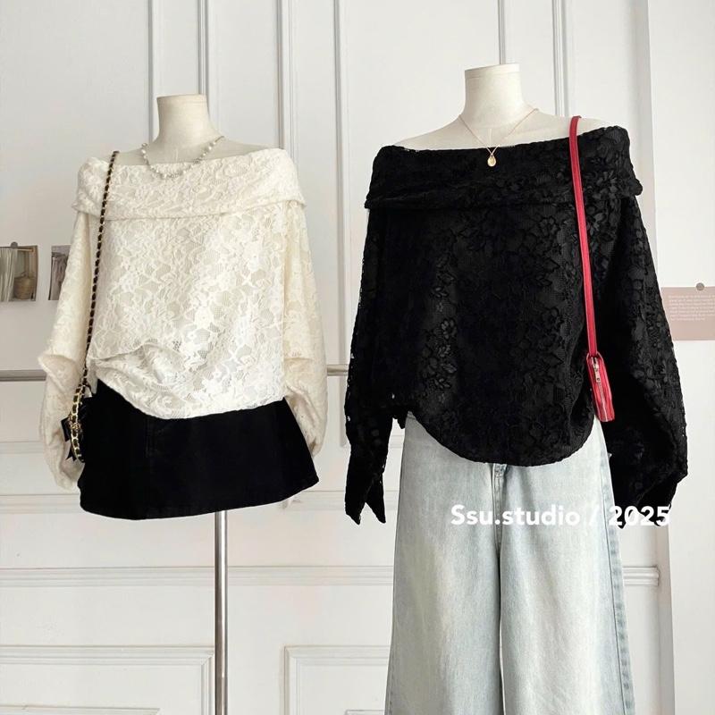 Áo Trễ Vai Ren Hoa”LuZin Top” Tay Bồng Tiểu Thư-3 Màu Kem,Đen,Trắng-Dành cho Nữ