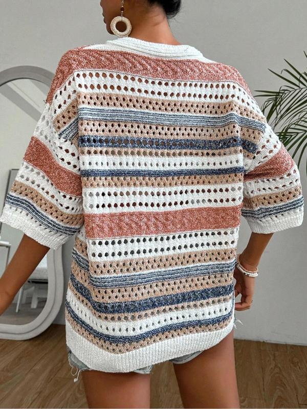 Women's Striped Print Hollow Out Drop Shoulder Sweater, Casual Half Sleeve V Neck Jumper for Daily Outdoor Wear, Ladies Knitwear for All Seasons 1