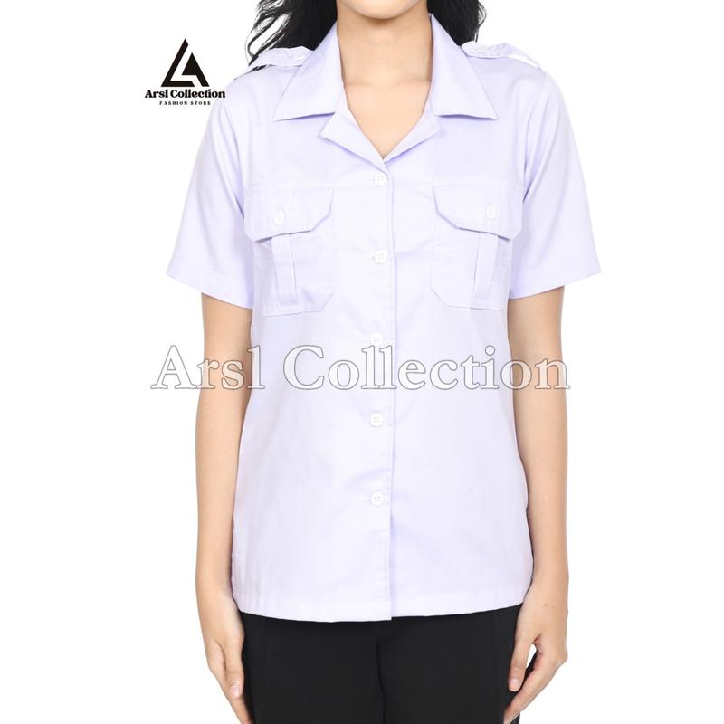 Atasan PDH Wanita – Baju Kemeja  Dinas Putih List Hitam,Polos  Formal & Nyaman 3