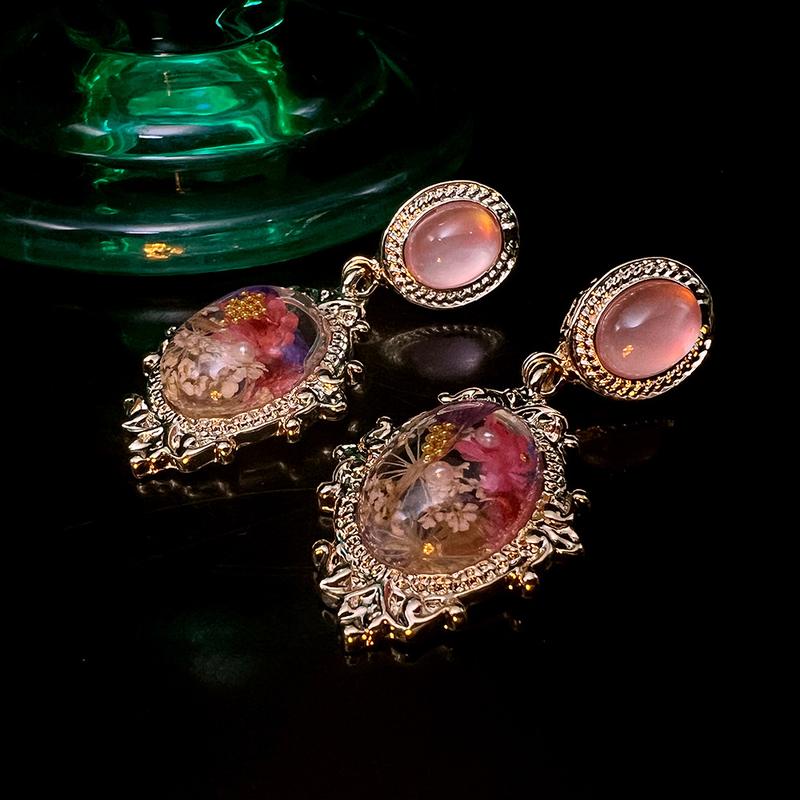 3 Pairs of French Ancient Amber Dried Flower Hot-Sale Earrings Combination Link Original Niche Gold Plated S925 High-Grade Earrings 3