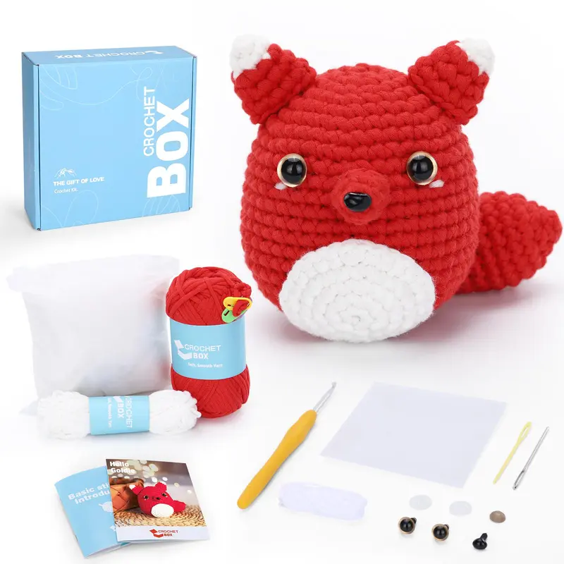 Fox Shaped Crochet Box, 1 Set Crochet Kit for Beginners, Including Accessories, Crochet Tool, Yarn, Filler Cotton, Hook, Sewing Needle, Plastic Eye, Marker Buckle, Instruction & Video Tutorial 0
