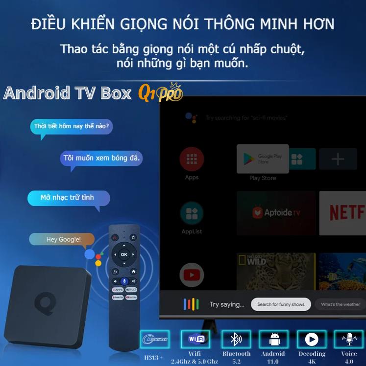 Android Tivi Box Q1 - Ram 2G - Bluetooth - Netflix - Remote Tìm Kiếm Giọng Nói - hỗ Trợ Điều Khiển Tivi Thường Thành TV thông minh