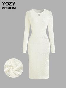 YOZY Women's Plain Sheer Keyhole Neckline Dress, Elegant Long Sleeve Dress for Party Holiday Wedding Guest, Ladies Clothes for All Seasons