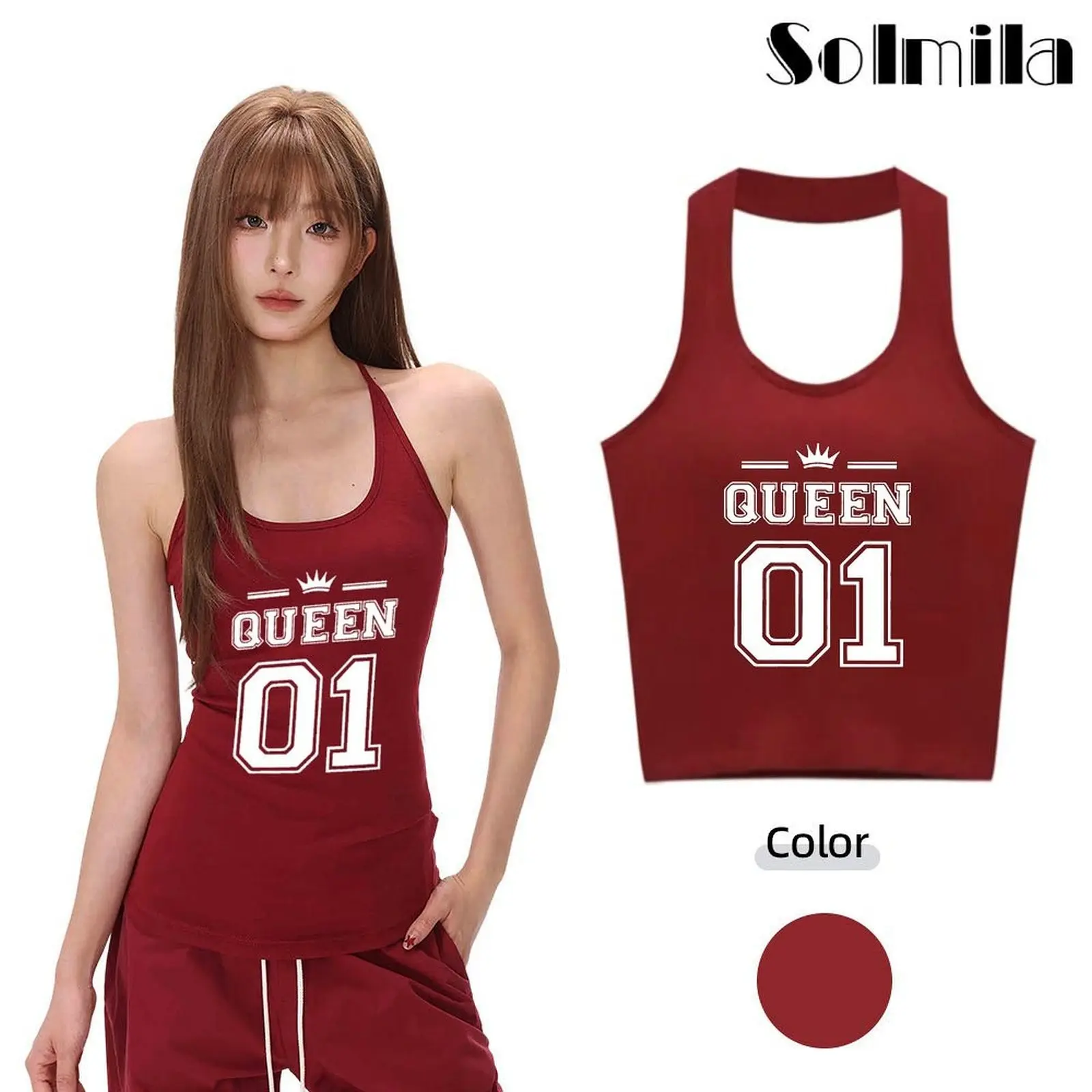 ✨X-fashion✨Summer Women Slim Fit Letter Print Red Halter Neck Backless Sleeveless Vest