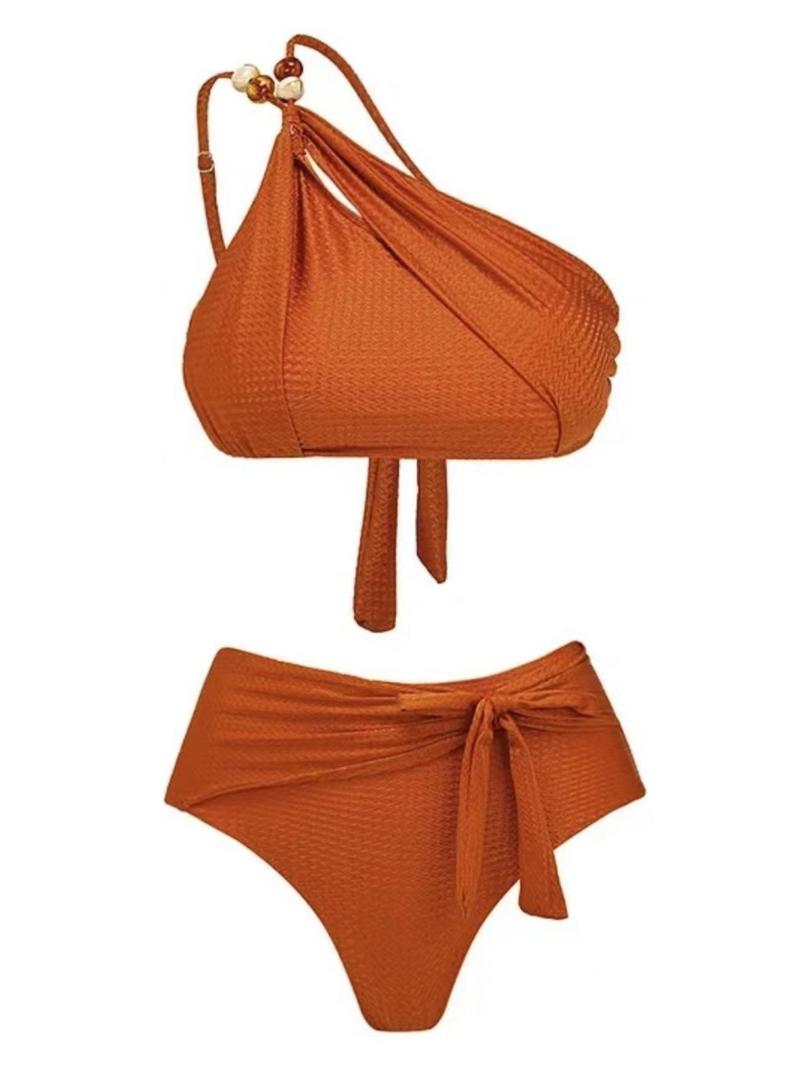 Product Introduction of 3 Pieces Three-piece Set Women's Plain Wrap One Shoulder Tie Back Bikini Top & Swim Bottom & Leaf Print Tie Front Cover Up Skirt Set, Boho Swimsuit for Spring & Summer, Swimsuit Sets,  Tummy Control Swims Wear, Swimsuit for Women 13