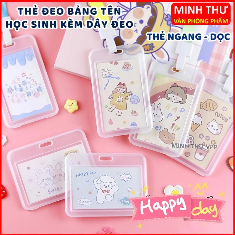 Thẻ Đeo Bảng Tên Học Sinh Sinh Viên Dạng Nhựa Trong Suốt Loại Ngang/Dọc Kèm Dây Màu, Thẻ Bọc Bảng Tên Học Sinh