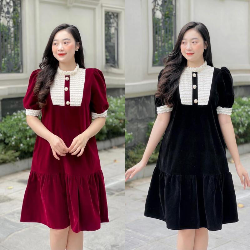 Váy Nhung 3 Cúc Mặc Bầu & Sau Sinh Đầm Bầu Váy Bầu