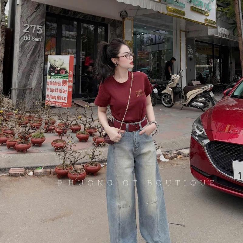 Quần jean ống xuông thêu chữ đỏ cạp cao hách dáng dành cho nữ 4