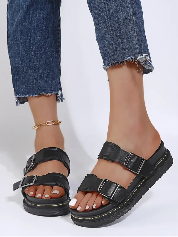 Women's Fashionable Plain Color Buckle Decorated Flat Sandals, Casual Comfortable Sandals for Summer, Lightweight Breathable Shoes for Daily Wear, Girl 8
