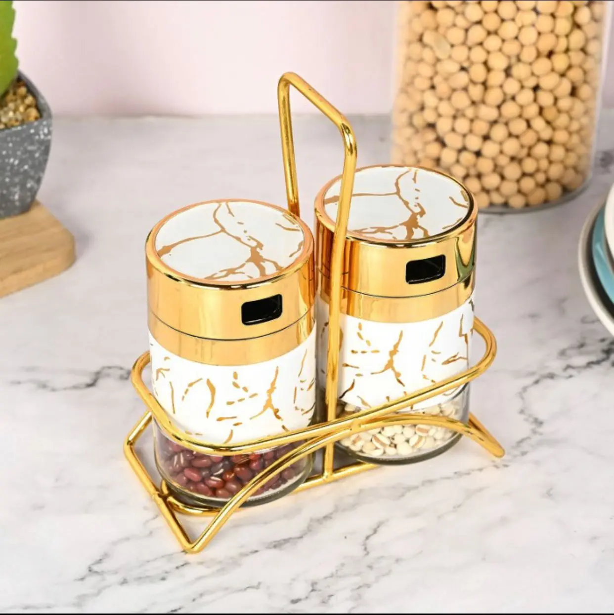 Snack Jar Snack Marble With Gold Rack Black Kaca