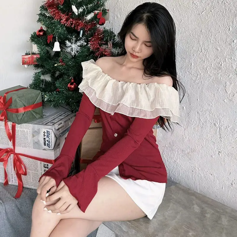Áo thun nữ trễ vai phối voan kính viền tầng 6