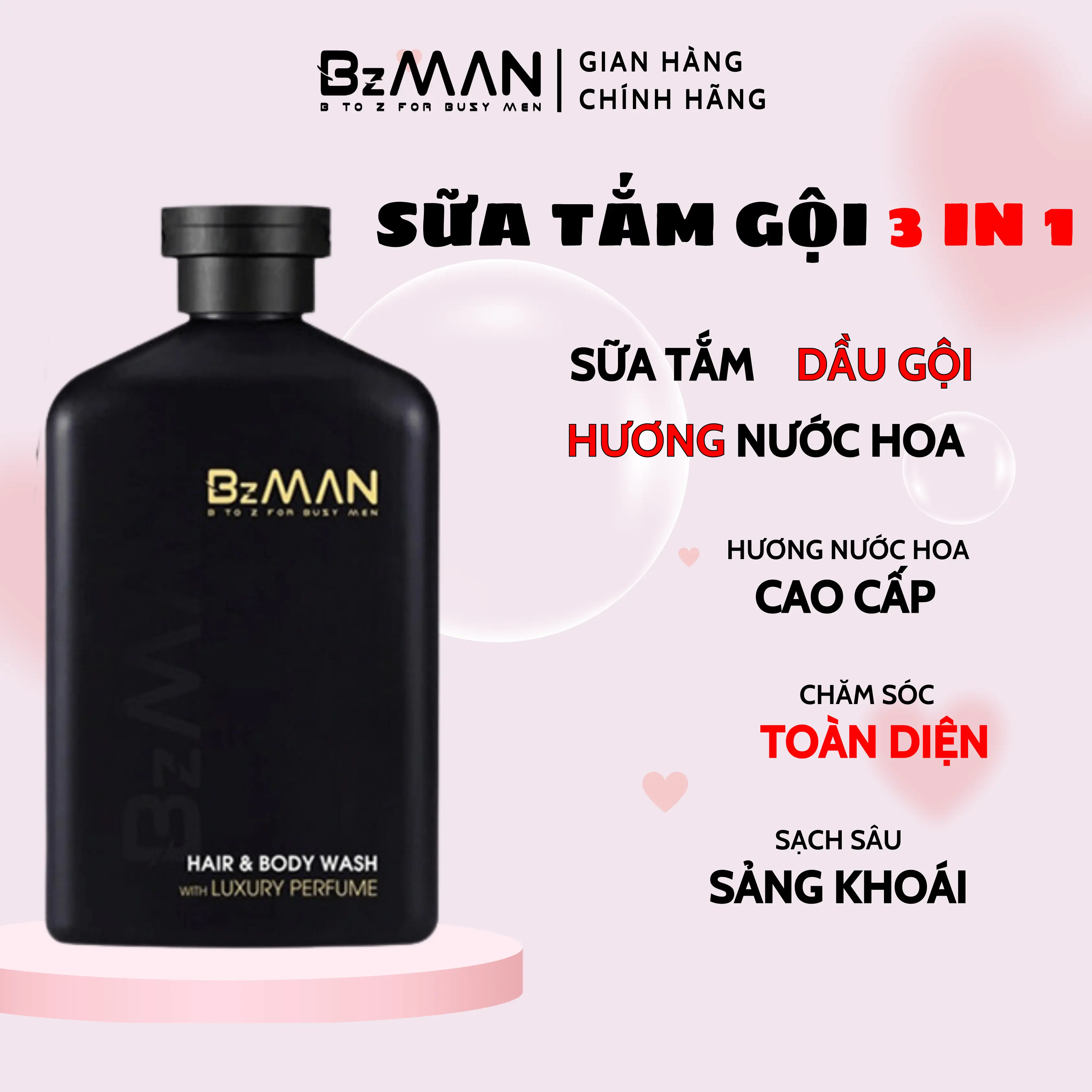 Sữa Tắm Gội Nam Cao Cấp 3 in 1 Hương Nước Hoa BzMan 320ml: Sang Trọng, Nam Tính, Lịch Lãm, Dưỡng Body