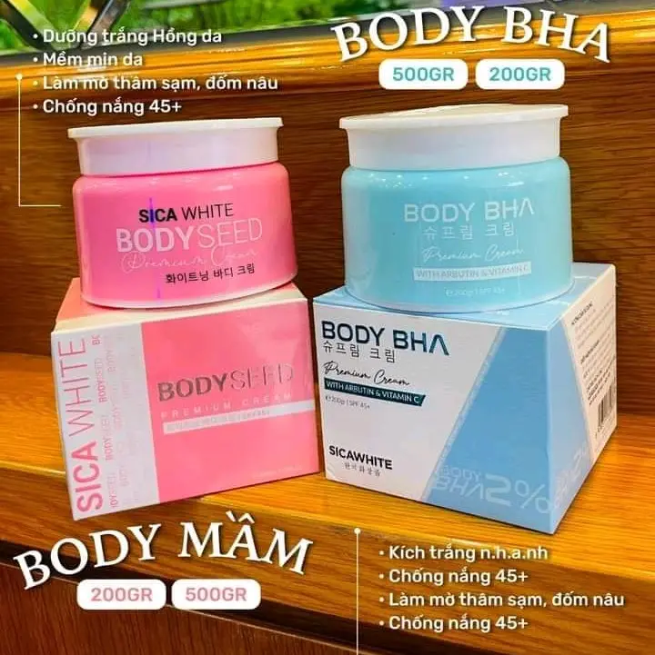 Bộ đôi hồng xanh sica White, Body SEED 200gr + Body BHA 200gr, hỗ trợ làm sáng da dưỡng body, kem body skincare làm đẹp da