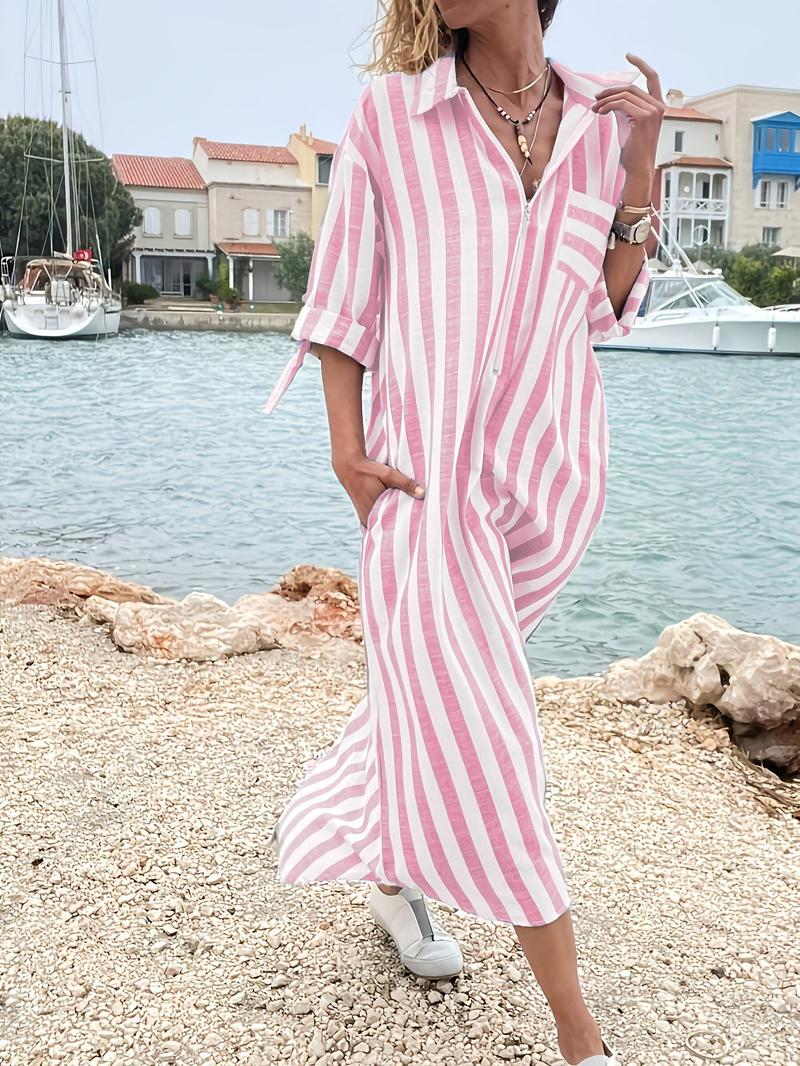 Product Introduction of Women's Striped Print Button Front Shirt Dress, Elegant Collared Dress for Spring & Fall, Ladies Clothes for Daily Wear 7