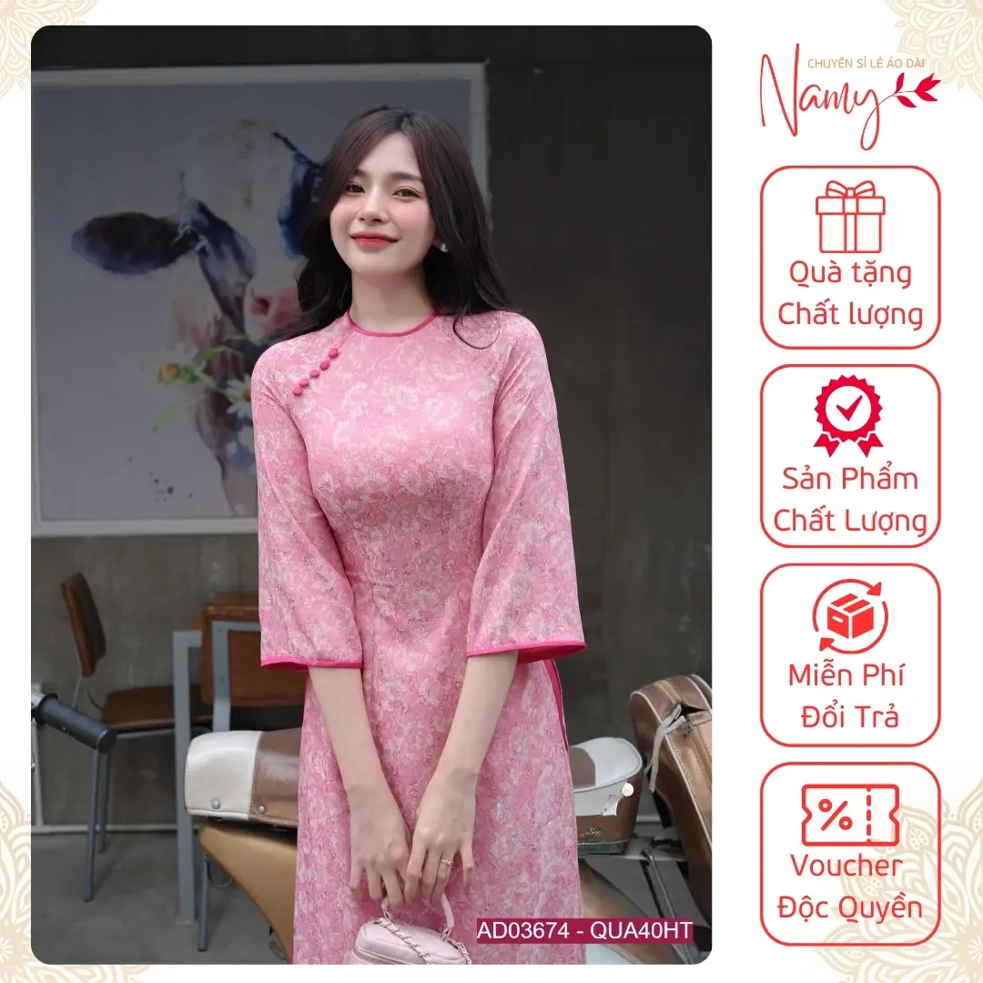 Áo Dài Cách Tân Gấm Hoa HỒNG ANH Áo Dài May Sẵn Màu Hồng Cổ Tròn Đính Cúc Viển Màu Hồng Sen Hottrend 2024 Namy AD1029