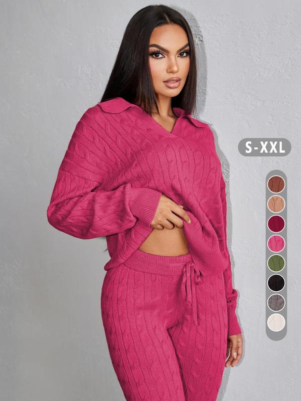 Two-piece Set Women's Solid Color Twisted Texture Drop Shoulder Sweater & Drawstring Waist Pants, Casual Fashion Cozy Knitwear Set for Daily Outdoor Wear, Outfits 2 Piece Set, Women Knitwear for Fall & Winter 7