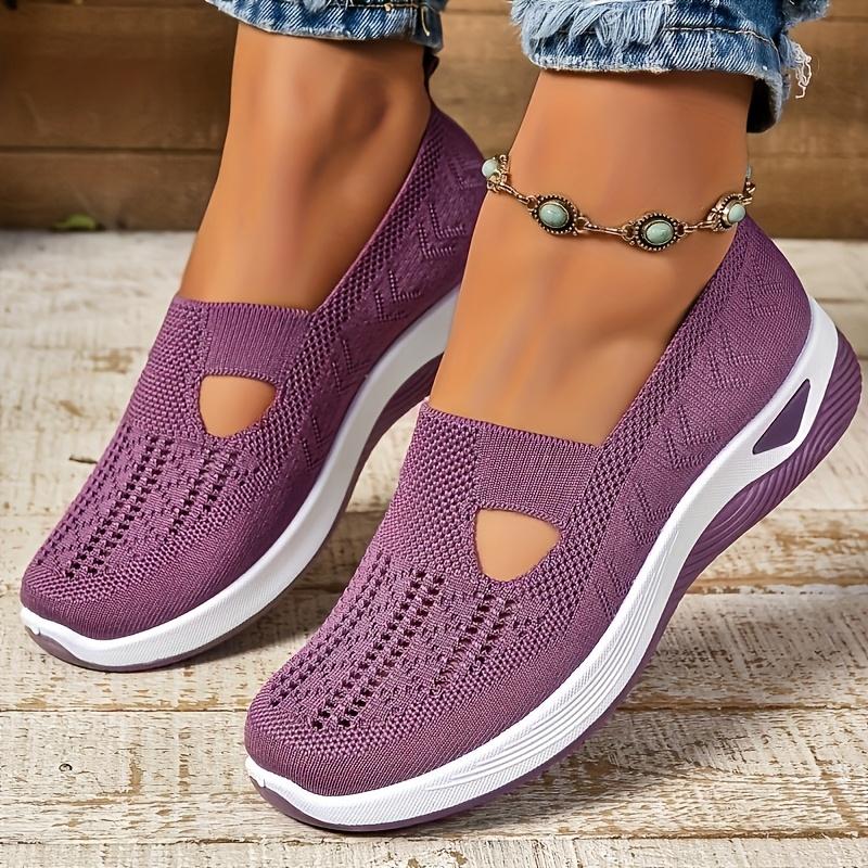 Women's Ultra-Breathable Knit Sneakers - Easy Slip-On, Lightweight & Comfortable Flat Shoes with Cut-Out Design All-Day Wear - Perfect Outdoor Walks and Casual Strolls, Cute Shoes 6