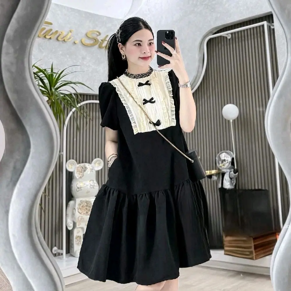 Đầm Babydoll đính nơ cổ đính cườm vải đẹp không nhăn Women Top, Đầm bầu xinh