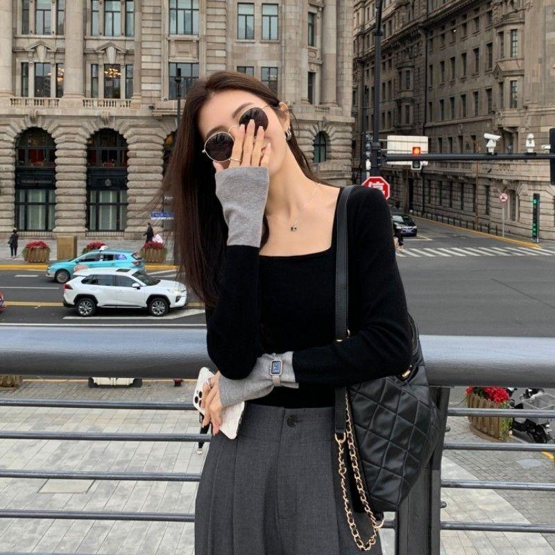 Product Introduction of OOTD Dralon-Áo Cổ Vuông Cho Nữ, Màu Tương Phản, Thiết Kế Phong Cách Pháp Mùa Thu, Dáng Ôm, Giảm Béo Và Ấm Áp, Lớp Đế Trong, Áo Phông 4