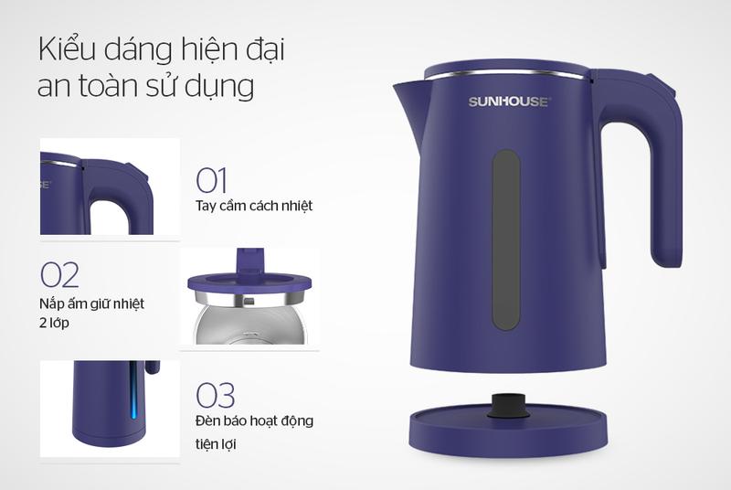 Product Introduction of [MẪU MỚI 2023] Ấm siêu tốc, bình đun siêu tốc inox 2 lớp 1.8L SUNHOUSE SHD1355, 2 lớp cách nhiệt chống bỏng 4